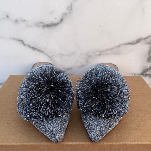 Aquazzura Powder Puff Pompom metallic silver lurex flat mules slippers size 36 - Picture 5 of 16